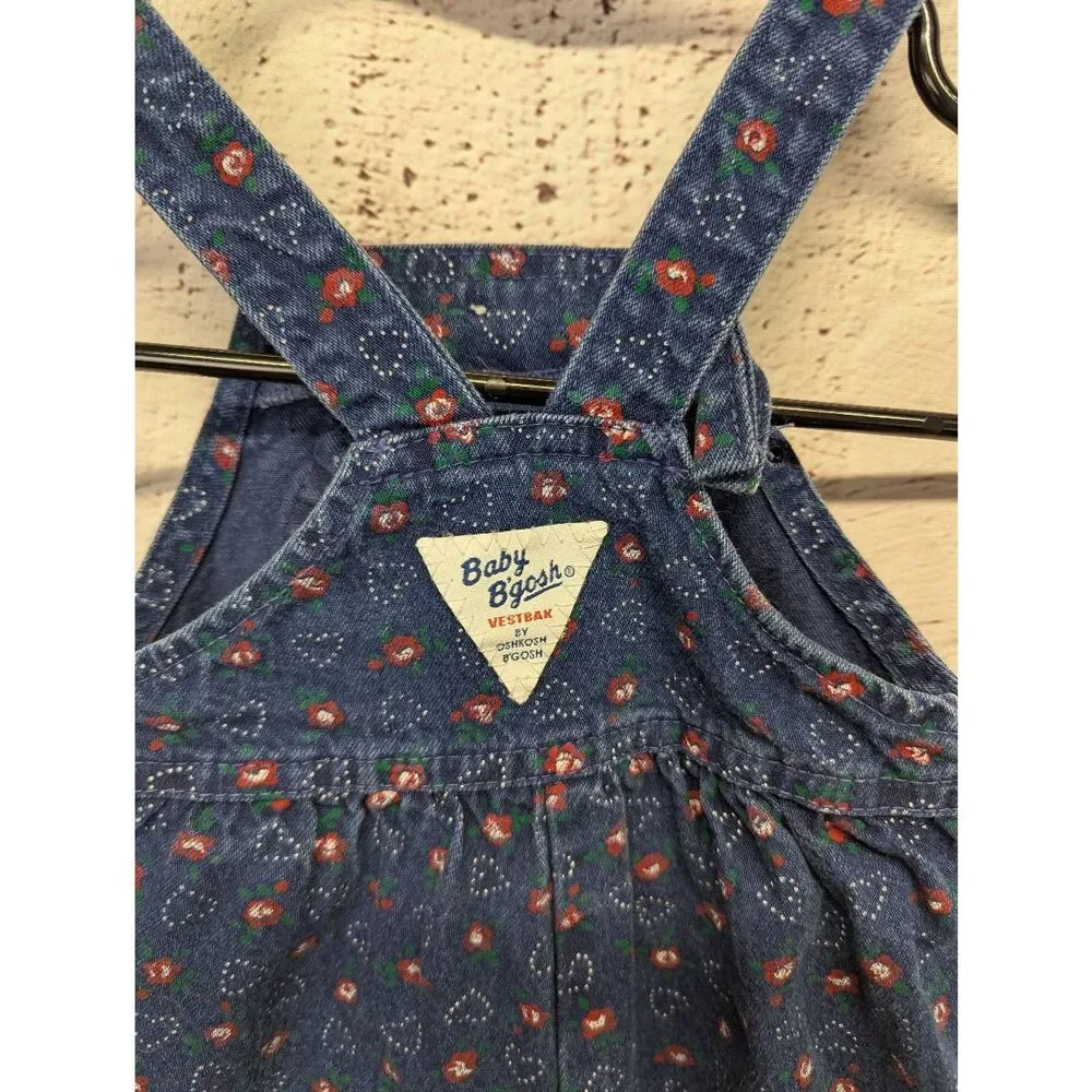 OshKosh Vintage Overalls Long Denim Red‎ Hearts Vestbak Size 12 M B'Gosh Made in